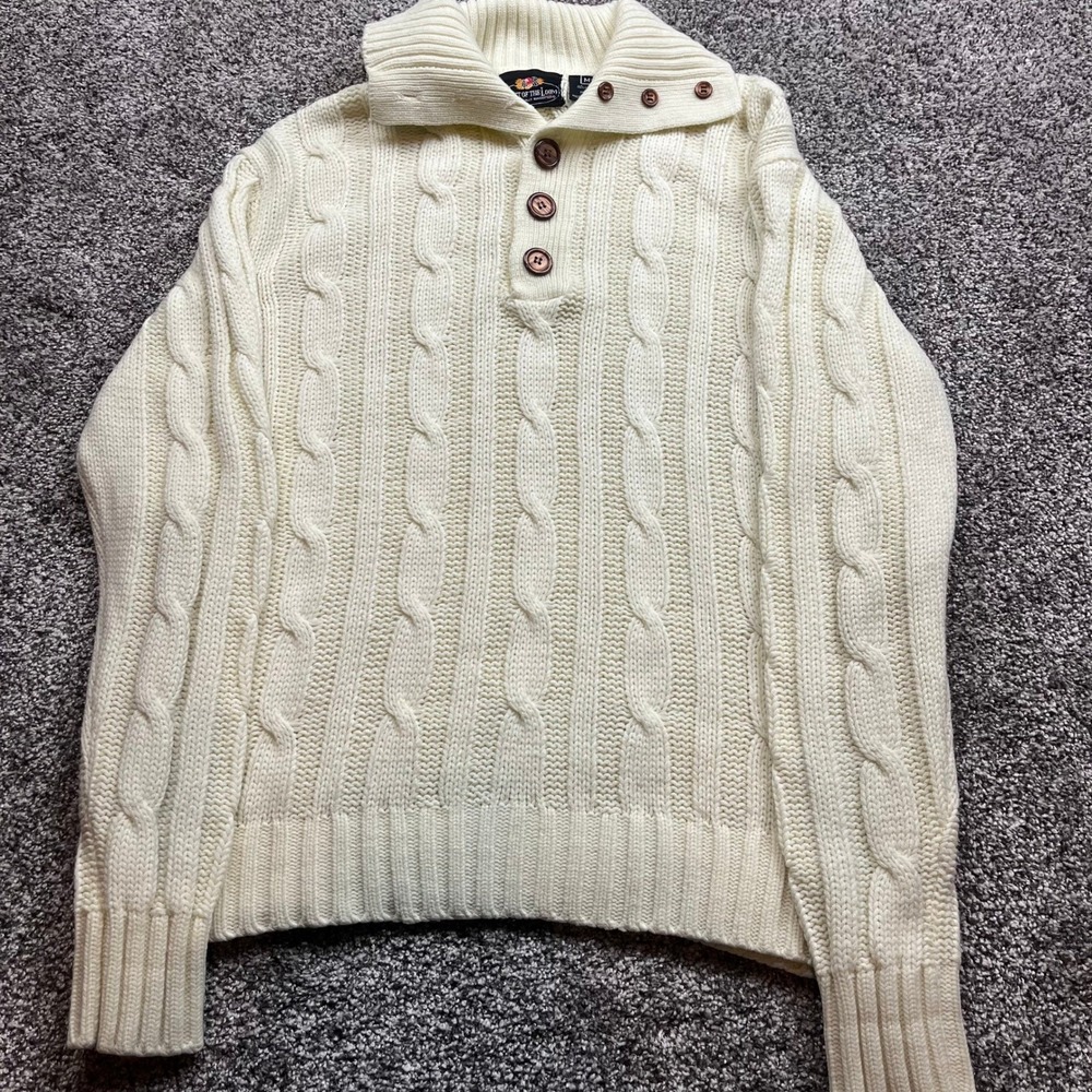 vintage sweater Fruit of the Loom Sweater Mens Medium Cream Cable Knit Shawl 80s